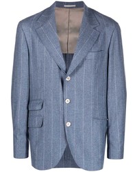 Blazer di lana a righe verticali azzurro di Brunello Cucinelli