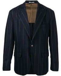 Blazer di lana a righe verticali blu scuro di Brunello Cucinelli
