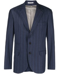 Blazer di lana a righe verticali blu scuro di Brunello Cucinelli