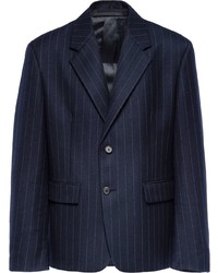 Blazer di lana a righe verticali blu scuro di Prada