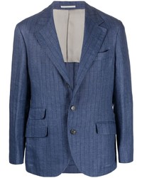 Blazer di lino a righe verticali blu scuro di Brunello Cucinelli