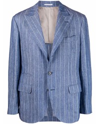 Blazer di lino a righe verticali blu di Brunello Cucinelli