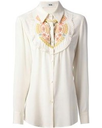 Blusa abbottonata di seta decorata bianca di Moschino Cheap & Chic