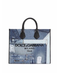 Borsa shopping di jeans stampata blu di Dolce & Gabbana