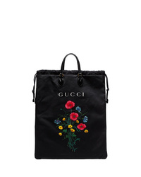 Borsa shopping di tela a fiori nera di Gucci