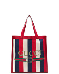 Borsa shopping di tela a righe verticali bianca e rossa e blu scuro di Gucci