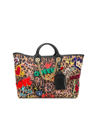 Borsa shopping di tela leopardata marrone chiaro di Dolce & Gabbana