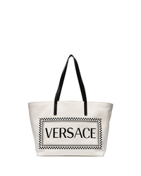 Borsa shopping di tela stampata bianca e nera di Versace