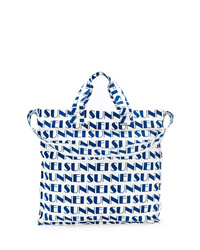 Borsa shopping di tela stampata blu scuro e bianca di Sunnei
