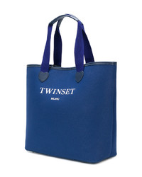 Borsa shopping di tela stampata blu di Twin-Set