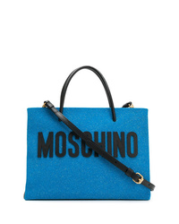 Borsa shopping in pelle stampata blu di Moschino