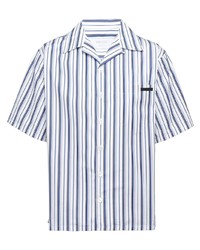 Camicia a maniche corte a righe verticali bianca e blu scuro di Prada