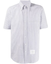 Camicia a maniche corte a righe verticali bianca e blu di Thom Browne