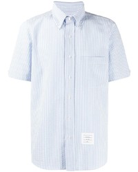 Camicia a maniche corte a righe verticali bianca e blu di Thom Browne