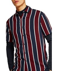 Camicia a maniche corte a righe verticali bianca e rossa e blu scuro