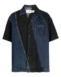 Camicia a maniche corte di jeans a righe verticali blu scuro di Feng Chen Wang