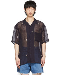 Camicia a maniche corte di lino con stampa cachemire blu scuro di Kuro