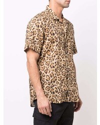 Camicia a maniche corte di lino leopardata marrone chiaro di Tintoria Mattei