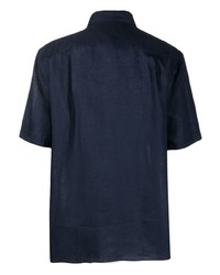 Camicia a maniche corte di lino ricamata blu scuro di Lacoste