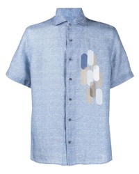 Camicia a maniche corte di lino stampata azzurra di Corneliani