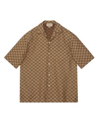 Camicia a maniche corte di lino stampata marrone di Gucci