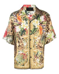 Camicia a maniche corte di seta a fiori marrone chiaro di Philipp Plein