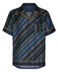 Camicia a maniche corte di seta a righe verticali blu scuro di Dolce & Gabbana