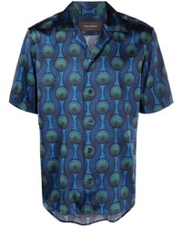 Camicia a maniche corte di seta geometrica blu di OZWALD BOATENG