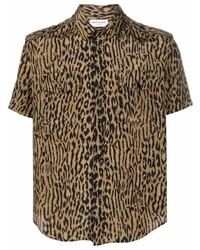 Camicia a maniche corte di seta leopardata marrone chiaro di Saint Laurent