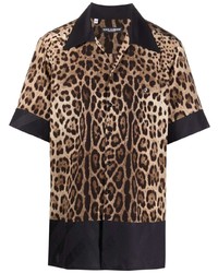 Camicia a maniche corte di seta leopardata marrone di Dolce & Gabbana