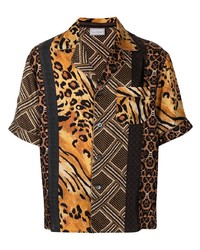 Camicia a maniche corte di seta leopardata marrone di Pierre Louis Mascia