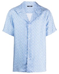 Camicia a maniche corte di seta stampata azzurra di Balmain