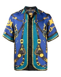 Camicia a maniche corte di seta stampata blu di Versace