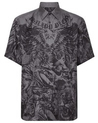 Camicia a maniche corte di seta stampata grigio scuro di Philipp Plein