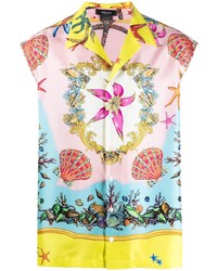 Camicia a maniche corte di seta stampata multicolore di Versace
