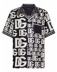 Camicia a maniche corte di seta stampata nera e bianca di Dolce & Gabbana