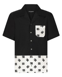 Camicia a maniche corte di seta stampata nera e bianca di Dolce & Gabbana
