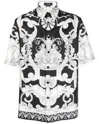Camicia a maniche corte di seta stampata nera e bianca di Versace