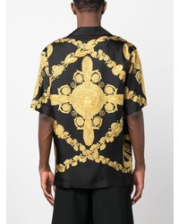 Camicia a maniche corte di seta stampata nera di Versace