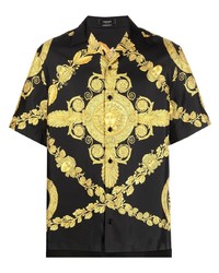 Camicia a maniche corte di seta stampata nera di Versace