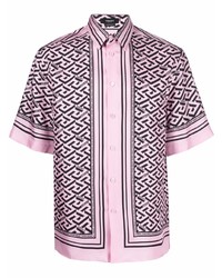 Camicia a maniche corte di seta stampata rosa di Versace