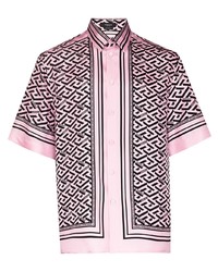 Camicia a maniche corte di seta stampata rosa di Versace