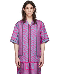 Camicia a maniche corte di seta stampata viola chiaro di Versace