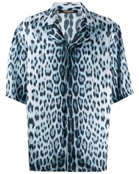 Camicia a maniche corte leopardata azzurra di Roberto Cavalli