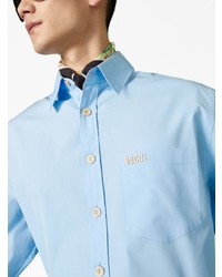 Camicia a maniche corte ricamata azzurra di Gucci