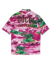 Camicia a maniche corte stampata fucsia di Gucci