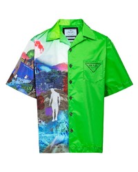Camicia a maniche corte stampata verde di Prada