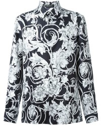 Camicia a maniche lunghe a fiori nera e bianca di Versace