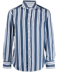 Camicia a maniche lunghe a righe verticali bianca e blu scuro di Brunello Cucinelli