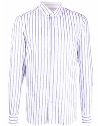 Camicia a maniche lunghe a righe verticali bianca e blu scuro di Brunello Cucinelli